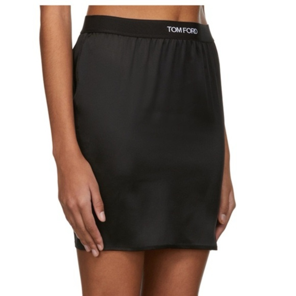 Tom Ford Black Satin Logo Waist Mini Skirt